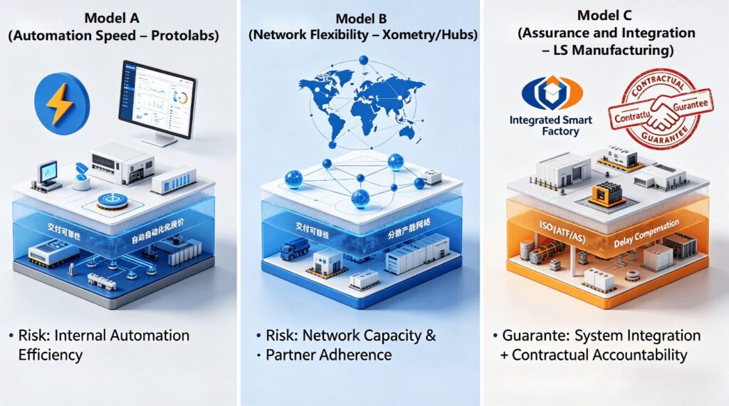3D infographic comparing the reliability foundations and risk profiles of three CNC supplier models: automated speed (Protolabs), network flexibility (Xometry/Hubs), and guaranteed integration (LS Manufacturing), as analyzed in the article.
