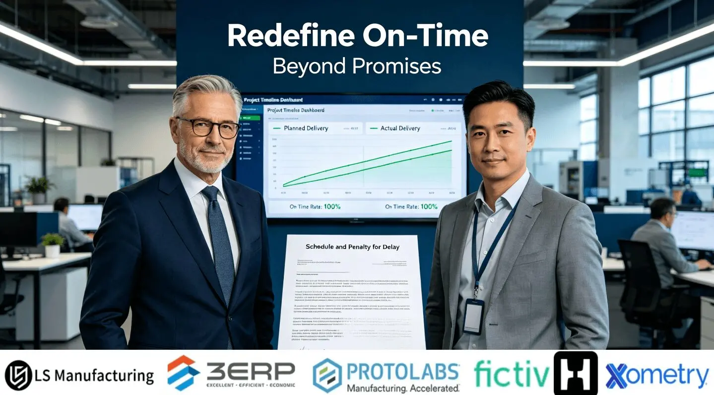 Procurement and engineering leaders review a contract with a guaranteed delivery clause, alongside a real-time project dashboard showing 100% on-time performance, in a strategic business setting.