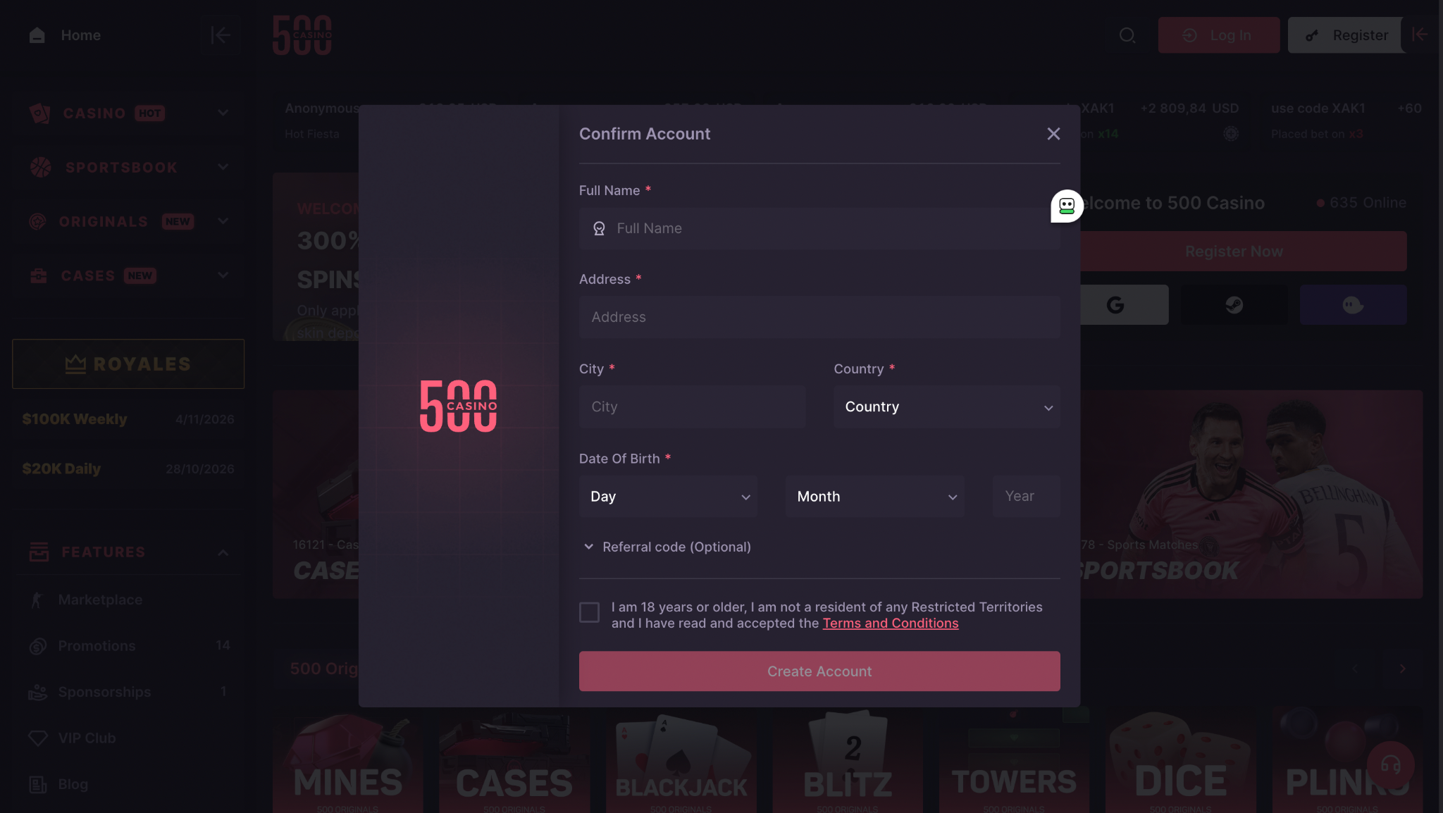 500 Casino Promo Code TOP100LIST: 300% Bonus + 50 Free Spins